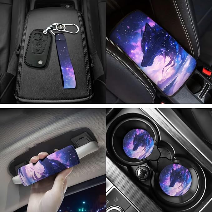 18 Pcs Purple Nebula Wolf Car Seat Covers Full Set Auto Interior Accessories with Steering Wheel Cover Floor Mats Armrest Cover Seat Belt Pads Roof Handle Wraps Cup Coaster Keychain
