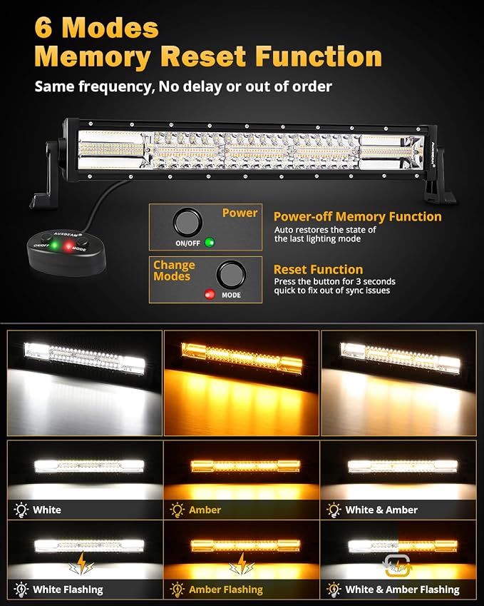 Auxbeam 6 Modes Amber White Series 22-Inch LED Light Bar for ATV UTV Jeep | Dual color LED bar, Off-road strobe light, Spot flood combo, Flashing warning signal, multi-function, offroad lighting