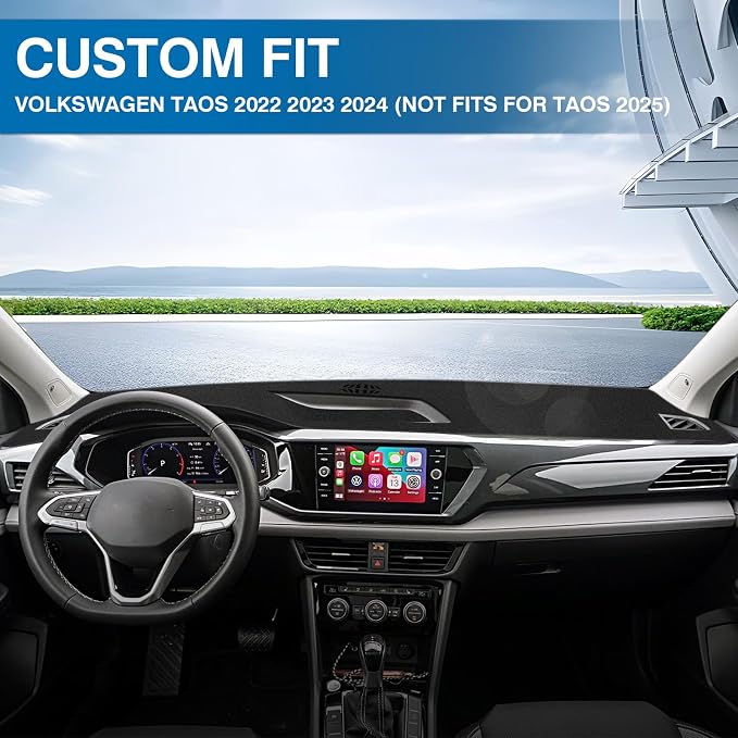 KUST Black Dash Cover for Volkswagen VW Taos (S SE SEL) 2022-2025 2026 (Only fits for Taos with Center Bin) Polyester Dashboard Cover Non-Slip Interior Accessories for VW Taos Custom Fit Dashboard Mat