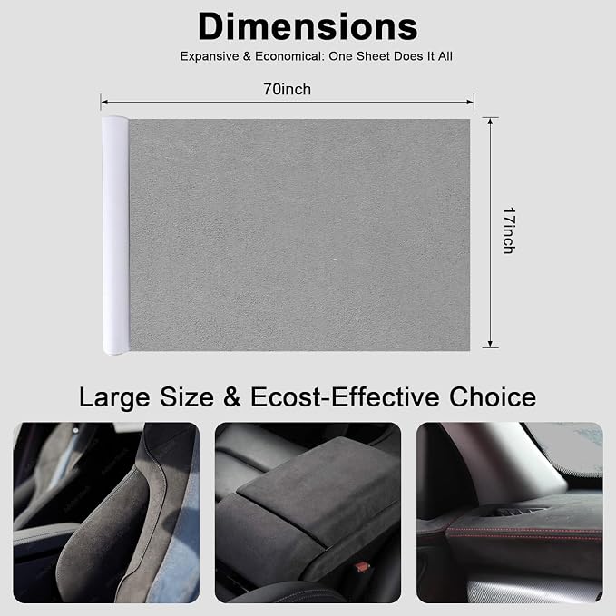 Premium Grey Suede Fabric Wrap - 17x70 inch Suede Wrap for Car Interior - Self-Adhesive Microfiber and Synthetic Leather, Stretchable Interior Film for Car and Home Decor