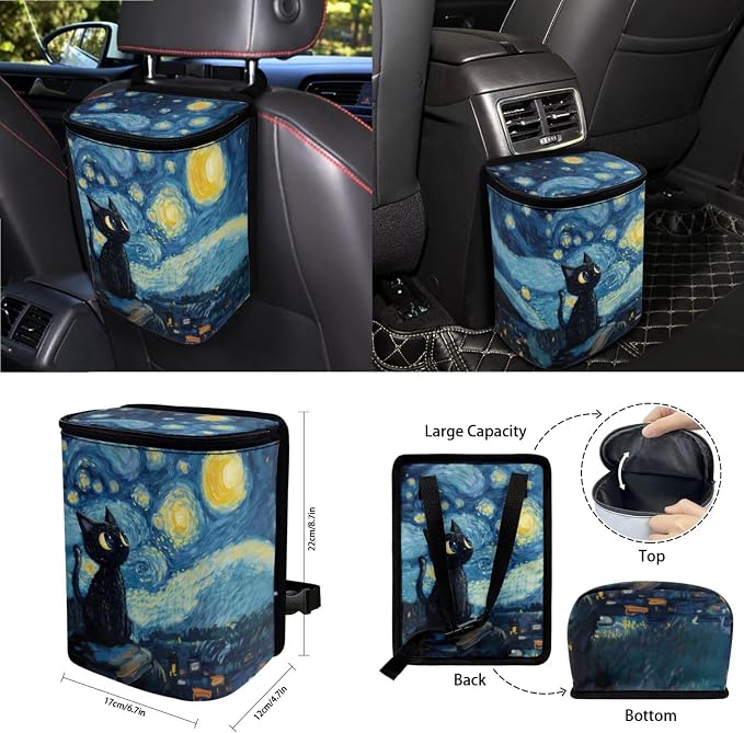 Starry Cat Print 15Pcs Car Interior Cover Set Includes Car Front Rear Seat Covers Steering Wheel Cover Seatbelt Pads Inside Rearview Mirror Protector Garbage Bag Cup Coasters