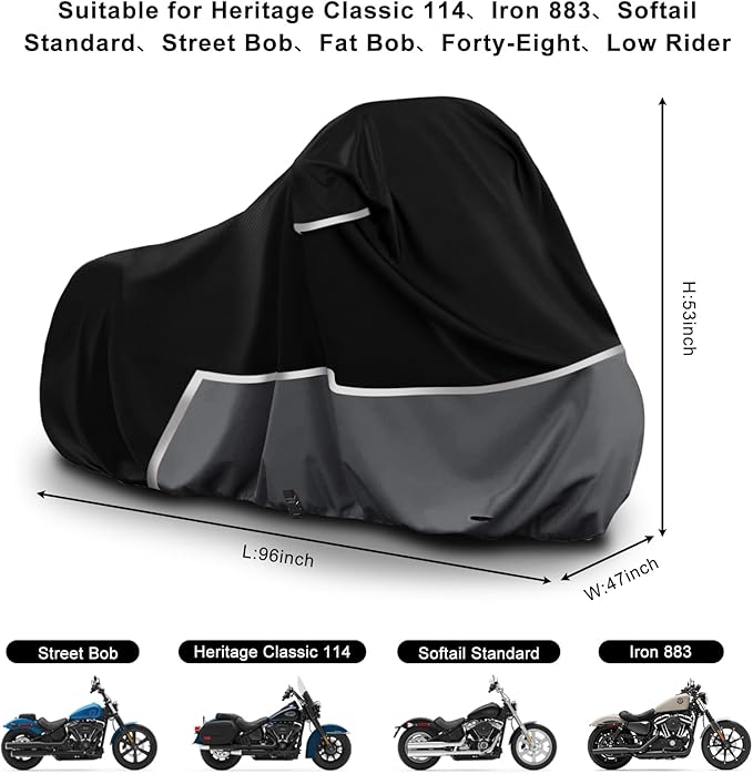Waterproof Motorcycle Cover Replace for Harley Davidson Cruiser Models, 420D Oxford Cloth Softail, Dyna, Iron 883, Fat Boy 114, Forty-Eight, Low Rider, Sport Glide Cover for Snow Rain Protection