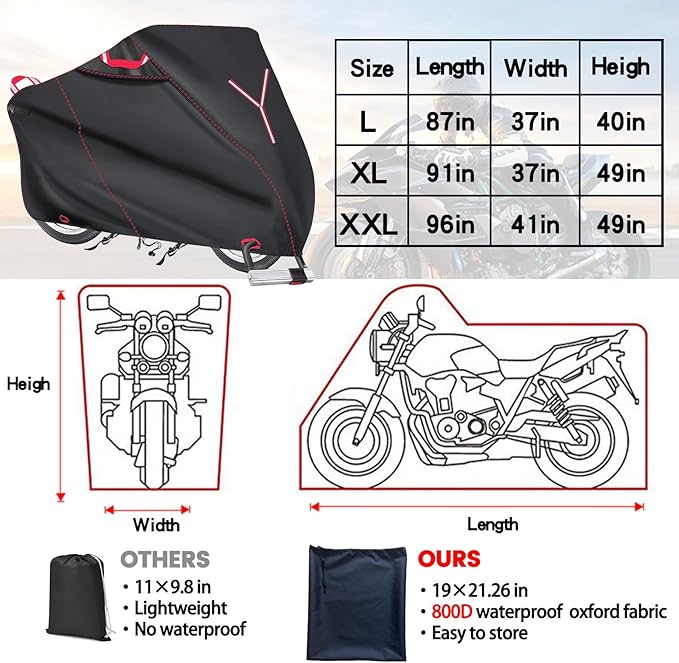 800D Heavy Duty Motorcycle Cover, Outdoor Storage Moped Covers, All-Weather Universal Waterproof Scooter Cover with 3 Reflective Handle、2 pairs Lock Holes and 3 Fixed Buckles - 87" x 37" x 40"