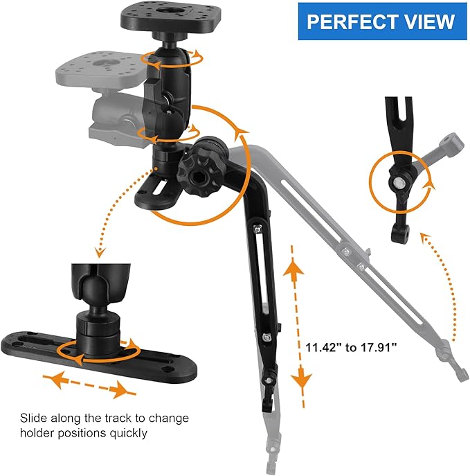 Kayak Fish Finder Mount with Transducer Mounting Arm, 1.5" Ball Marine Electronic Mount for Boat Track, Universal Mounting Plate, Compatible with Scotty, Lowrance, Garmin Fish Finders
