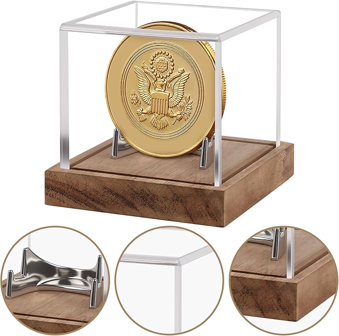 Hooqict Coin Display Case Clear Acrylic Military Challenge Coin Case Display Box UV Protected with Wood Base & Alloy Holder Single Stand for Collectors Medal Poker Chip Collectibles
