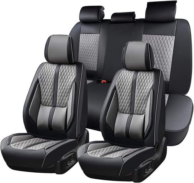 Huidasource Automotive Seat Covers, Nappa Leather Seat Covers Leather with Velcro Adjustable, Airbag, Lumbar Support, Cooling＆Heating, Waterproof Seat Covers Fit for Most Cars SUV Trucks, Black＆Gray