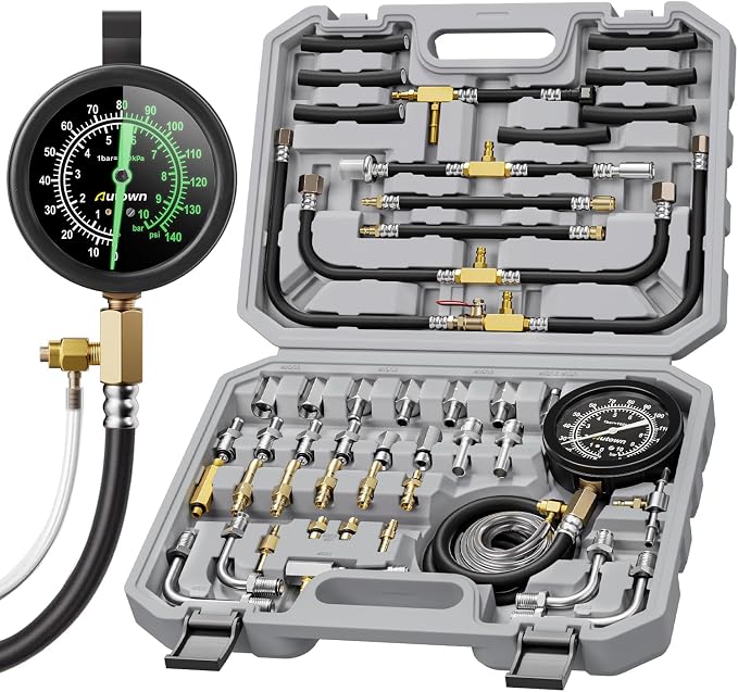 AUTOWN 45-Piece Pro Fuel Pressure Tester Kit, 0-140 PSI Fluorescent Glow Gauge, Complete Adapters for Gasoline Cars, Trucks & SUVs