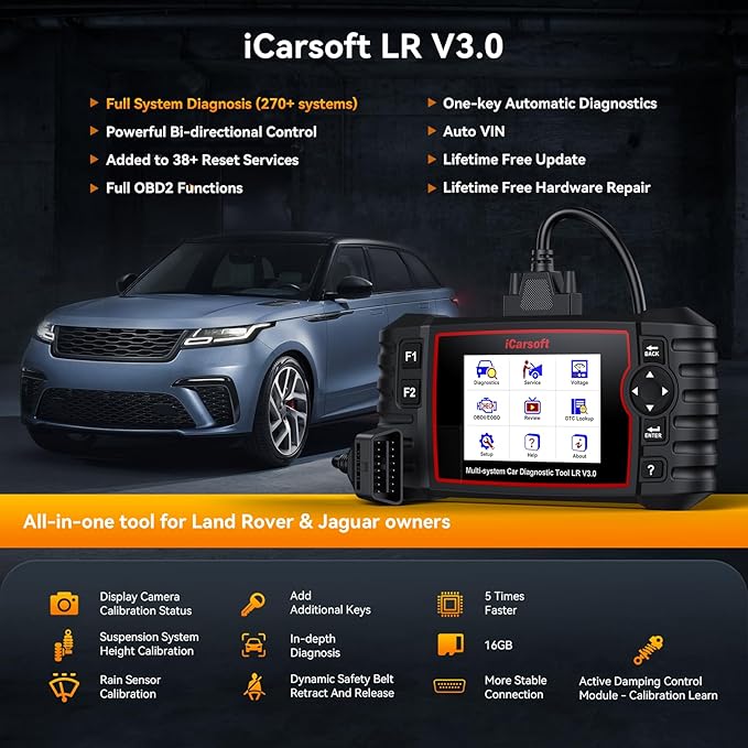 iCarsoft LR V3.0-D OBD2 Scanner for Land Rover & Jaguar Vehicles Auto VIN, Full-System Diagnosis, 35+ Resets, ABS/SRS/Transmission Code Reader, Bidirectional Control & Live Data Graphs‌
