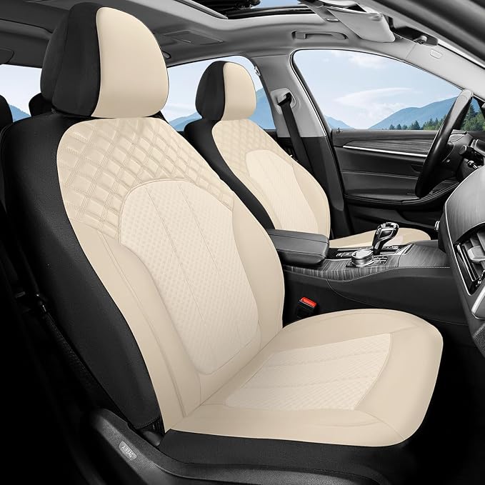 FLORICH Front Seat Covers Leather & Mesh Automotive Seat Protectors 2 Pack Breathable Car Seat Cover Spill-Proof Auto Seat Covers Cushion Universal Fit for Most Car SUV Sedan Truck, Beige
