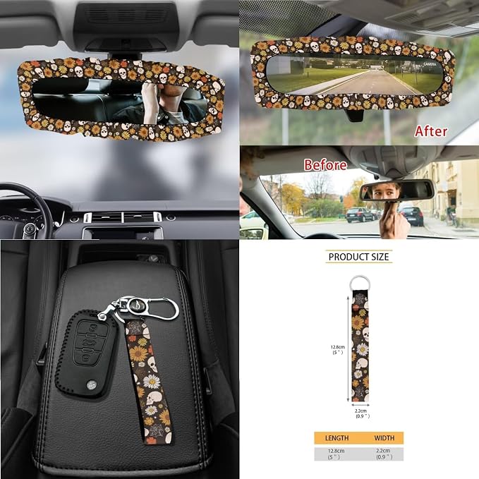 Gothic Skull Floral Print 15Pcs Car Seat Cover Full Set Car Steering Wheel Cover Seat Belt Cover Trash Bin Air Vent Storage Box Front Rear View Mirror Car Cup Holder Keychain