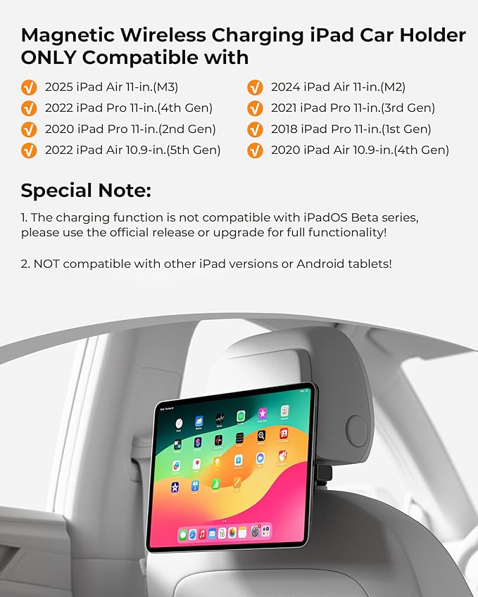 KUXIU Magnetic Wireless Charging Car Headrest Tablet Holder for iPad Pro 11/Air 11 M2/M3, Tablet Car Back Seat Mount for Kids,Road Trip Essentials Holder for iPad Pro 11 1st/2nd/3rd/4th,Air 10.9 4/5th