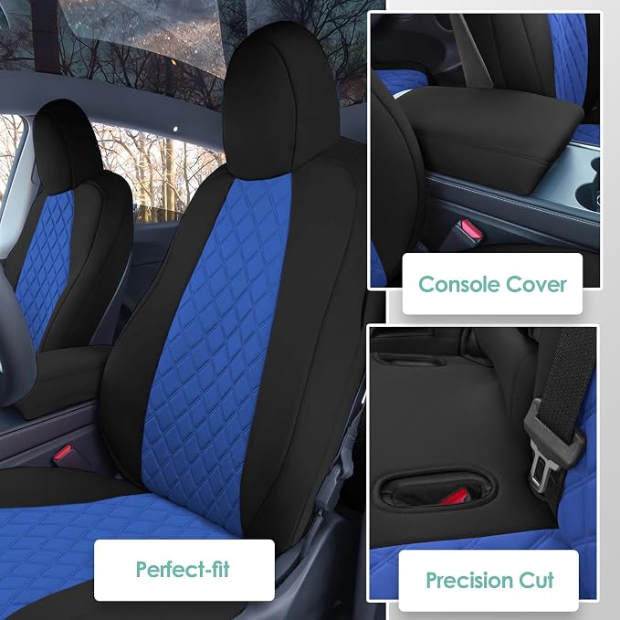 FH Group Custom Fit Car Seat Covers Specifically Made for 2020-2025 Tesla Model Y Ultraflex Neoprene Water Resistant Automotive Seat Covers - Full Set Blue