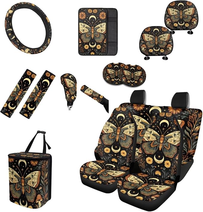 Moon Butterfly Car Seat Covers Full Set 15 Pcs Universal Car Accessories Steering Wheel Cover Seat Belt Pads Garbage Bag Car Headrest Pillow Covers Armrest Pad