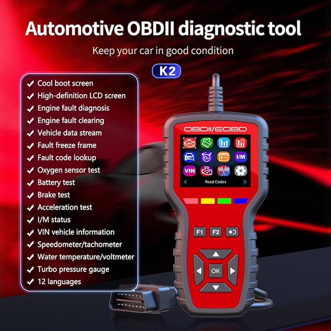 K2 obd2 scanner obd2 scanner diagnostic tool with Battery Tester, Check Engine Fault Code Reader with freeze frame, oxygen sensor testing, I/M readiness status,suitable for OBDII/EOBD vehicle
