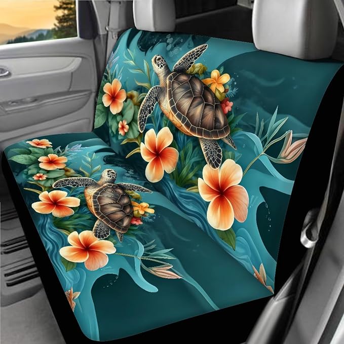 Sea Turtl Car Seat Covers Full Sets 18 Pack Universal Car Interior Accessories Sets with Sea Turtle Car Seat Belt Pads Cover Covers for Steering Wheel Car Trashcan Soft Car Headrest Covers