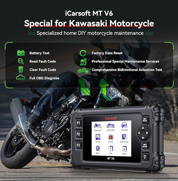 Motorcycle Bidirectional Diagnostic Scan Tool for Kawasaki, iCarsoft MT V6 All System Motor OBD2 Scanner- All Actuation Tests, Special Functions, Battery Test, Also for Car OBD2 Diagnose-Upgraded Ver