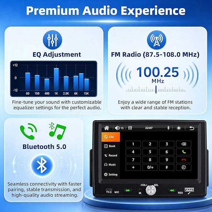 7 Inch Single Din HD Touchscreen Car Stereo CarPlay Android Auto, 1 Din Android Car Stereo with Bluetooth 5.0, Mirror Link, FM, Steering Wheel Control, EQ, USB/Type-C, Supports Reversing Camera