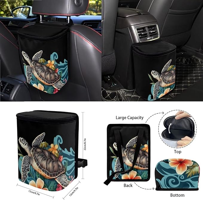 Sea Turtle Plumeria Pattern Auto Interior with Full Set Car Seat Covers Steering Wheel Cover Keychain Trash Can Seat Belt Covers Air Vent Storage Pocket Cup Holders Mirror Covers