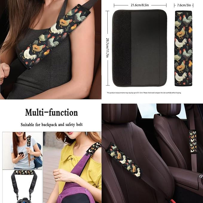 Rooster Universal Car Seat Covers 13 Set, Colorful Countryside Countryside Car Accessories for Front Rear Seat Cover, Vintage Farm Steering Wheel Cover Seat Belt Pads