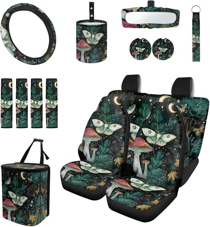 Moon Mushroom Moth Car Seat Covers Full Set for Women Cute Car Accessories Interior Car Steering Wheel Cover Seatbelt Covers Trash Bin Rear View Mirror Cover Cup Holders Keychain