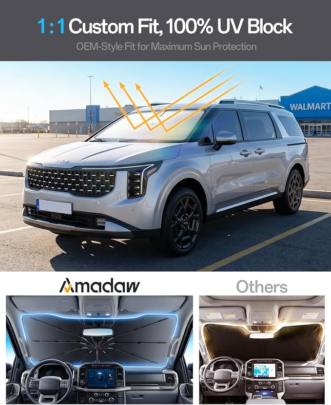Windshield Sun Shade for Kia Sorento 2003–2026, Foldable Umbrella Sunshade with 100% UV Block, Multi-Layer Heat Insulation, Reinforced 10-Rib Frame, Keeps Car Cooler, Summer Car Accessory