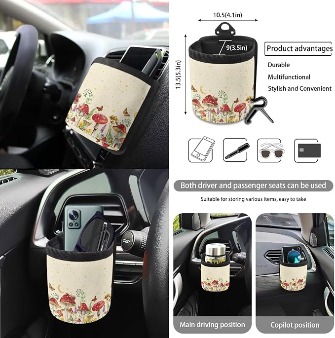 Mushroom Snail Moon Stars 15Pcs Car Seat Cover Full Set Car Steering Wheel Cover Seat Belt Cover Trash Bin Air Vent Storage Box Front Rear View Mirror Car Cup Holder Keychain