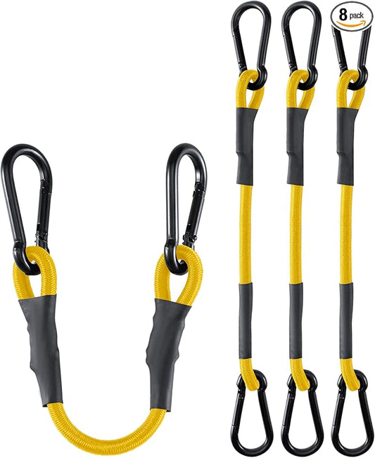 8 Pack 24 Inch Heavy Duty Bungee Cords with Carabiner Hooks, 190 lbs Max Strength Bungee Straps for Cargo, Bike, Cart, Roof Rack, Truck, Tent, Camping, Motorcycle, Outdoor Storage and More, Yellow