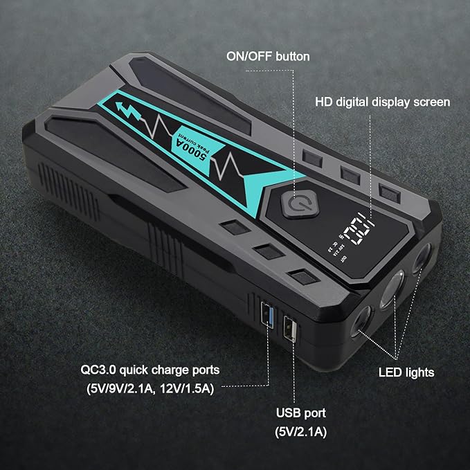 5000A Car Jump Starter, 12V Portable Car Jumper, Emergency Jump Box with LED Flashlight for Up to 10L Gas 9.0L Diesel Engine, Equipped with Hard Travel Case (Black)