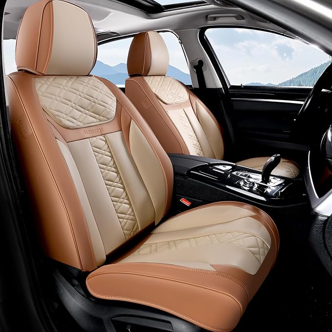 FLORICH Seat Covers, Atomutive Car Seat Covers Full Sets, Waterproof Seat Cover for Cars, Luxury Leather Universal Seat Cover Accessories Fit for Most Cars SUV Truck Sedans(Beige)