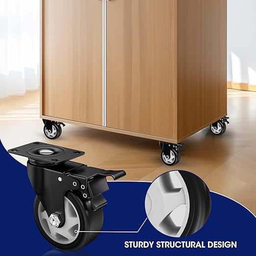 4" Heavy Duty Plate Casters, 1200 Lbs Dual Brake - Set of 4 | Black 360° Swivel Casters. Dual-Pedal Easy Lock/Unlock. Soft PU Wheels Won't Mark Floors. For Workbench, Furniture, Cart.