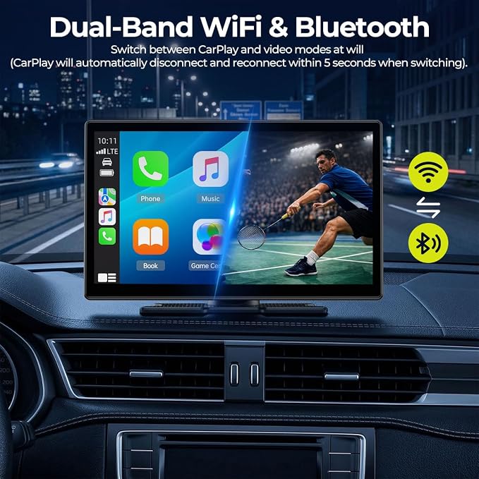 LAMTTO 9" Apple CarPlay Screen with Backup Camera & Streaming Apps | Portable 9-inch display for safer parking, preloaded Netflix YouTube & Bluetooth audio for on-the-go entertainment