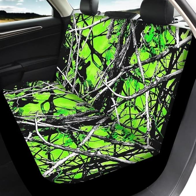 Car Seat Covers Full Set for Women Men Green Camo Hunting Wood Forest Oak Print Universal Auto Accessories with Steering Wheel Cover,Seat Belt Pad,Keychain,Coaster,Lipstick Holder