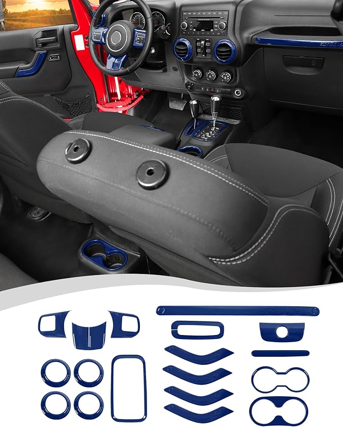 Hoolcar Steering Wheel Cover Gear Shift Panel Trim Cover Water Cup Holder Cover Kit Interior Accessories Kit Fit for Jeep Wrangler JK JKU 2011-2018, 4-Door, Blue