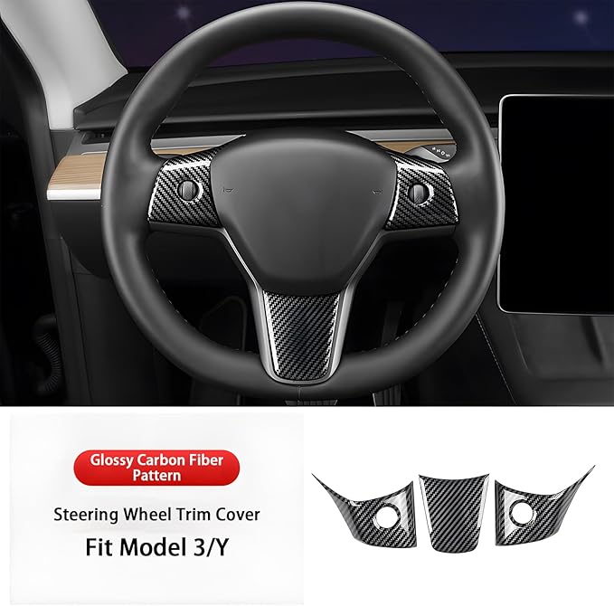 Steering Wheel Trim Cover with Gear Shift Cover for Tesla Model 3 Y Decorative Accessories 5Pcs(Glossy Carbon Fiber Pattren)