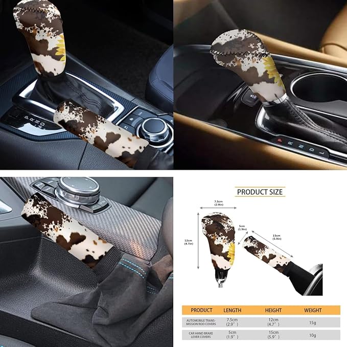 Sunflower Cow Print 12 Pack Car Accessories Set with Car Seat Covers Full Set Steering Wheel Cover Center Console Cover Auto Seat Belt Cover Gear Lever Cover Fit for Cars SUV