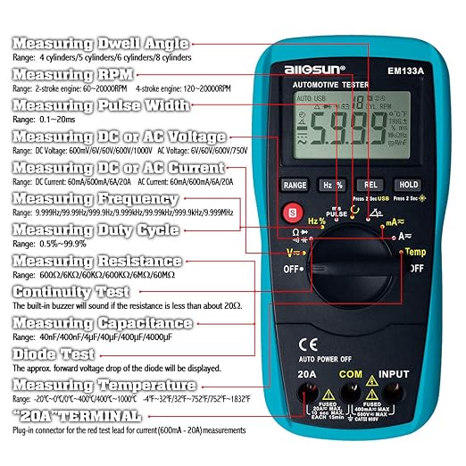 allsun EM133A Auto Multimeter AC/DC Volt Ohm Amp Tester Tool | RPM, Dwell, Pulse Width, Temp, Capacitance, Continuity, Frequency. Diagnostic for car repair, workshop, DIY maintenance
