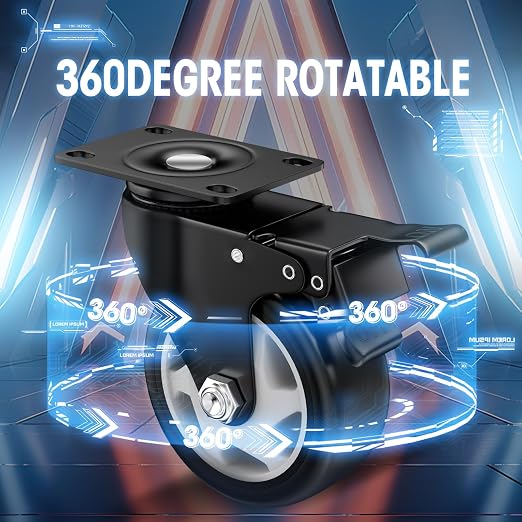 4" Heavy Duty Plate Casters, 1200 Lbs Dual Brake - Set of 4 | Black 360° Swivel Casters. Dual-Pedal Easy Lock/Unlock. Soft PU Wheels Won't Mark Floors. For Workbench, Furniture, Cart.