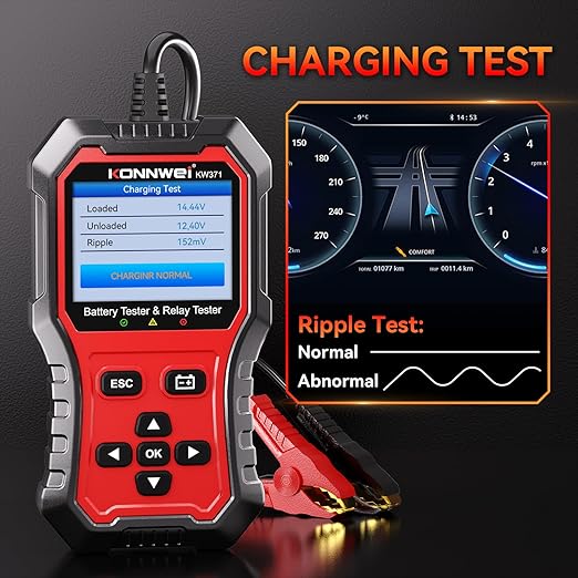 KONNWEI KW371 Battery Tester & Relay Tester 2 in 1 | 6V/12V/24V battery system tester with cranking & charging analysis. 4/5-pin relay tester. CCA 10-2000. No batteries required.
