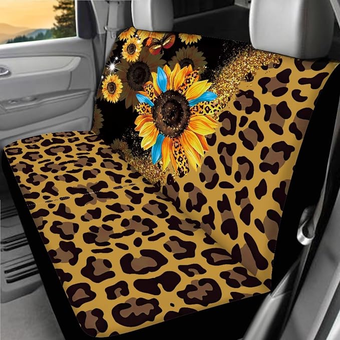 Leopard Sunflower Print Car Seat Covers Full Sets of 18 Pack Sunflower Print Car Interior Accessories Sets with Belt Pads Cover Car Headrest Covers Auto Trash Bag Steering Wheel Cover
