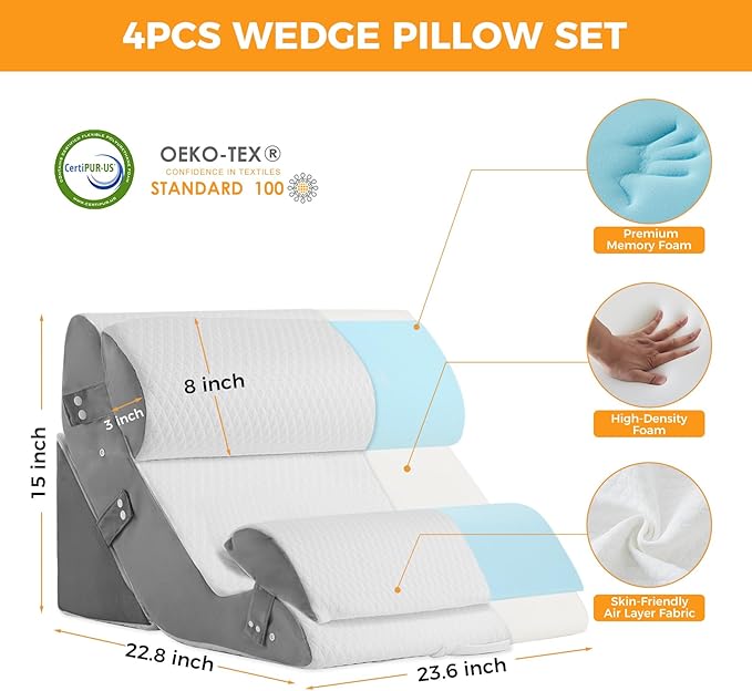 Ruqmuis 4PCS Wedge Pillow Set for After Surgery, Adjustable Back Pillow for Bed Sitting up, Acid Reflux, Bed Wedge Pillow Headboard for Sleeping & Snoring, Orthopedic Pillow for Post Surgery, White