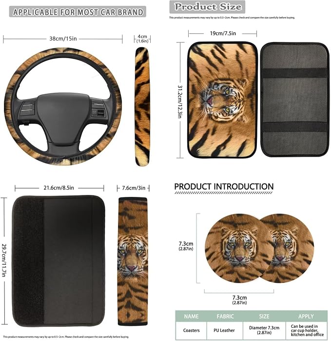 Bulopur Tiger Print Automotive Seat Covers Full Set with Car 15 Inch Steering Wheel Cover Elastic Armrest Cushion Pad Vehicle Seat Belt Cushion Pad Keychain Auto Interior Accessories Set 14 Piece