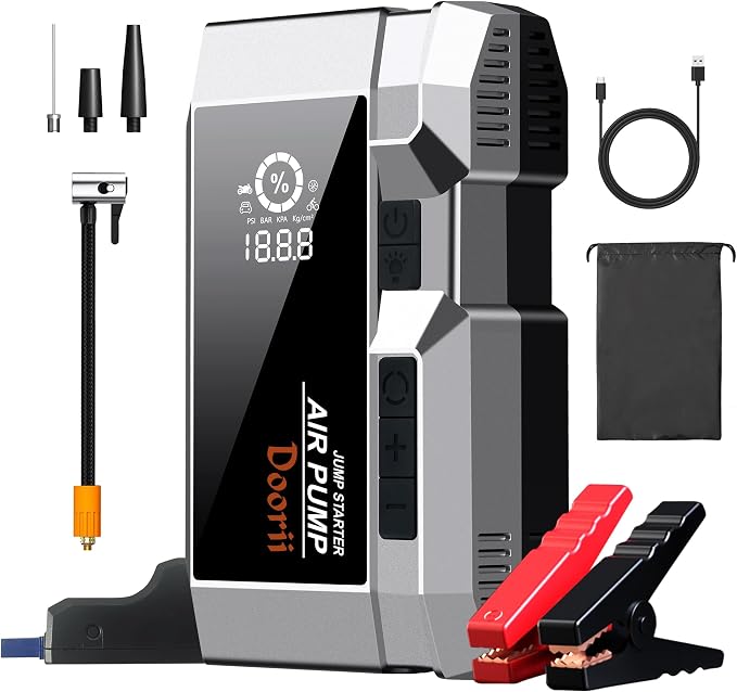 8000A Car Jumper Starter Portable with PD65W USB-C Fast Charging(in/Out), 10-in-1 Jump Starter with Air Compressor, 150PSI Tire Inflator for Up to All Gas/12L Diesel
