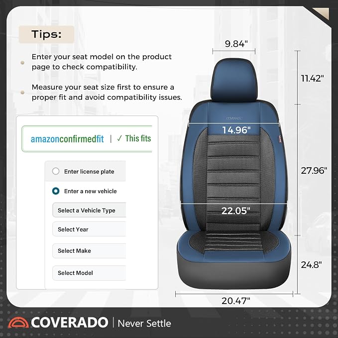 Coverado Car Seat Covers Front Seats, Luxury Leather Car Seat Covers, Automotive Mesh Seat Covers 2 Pack, Airbag-Compatible, Black Blue Seat Covers for SUV Sedan Truck
