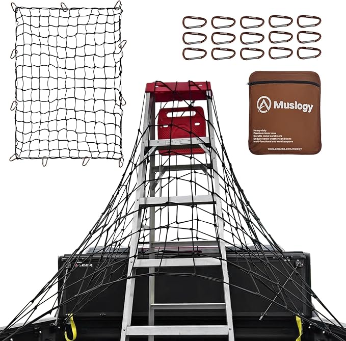 Muslogy Truck Bed Cargo Net Trunk Netting Compatible with Pickup Bed Stretchable 4'x6' to 8'x12' Accessories, Pickup Cargo Organizer SUV Sedan Storage Net w/Heavy Duty Carabiners