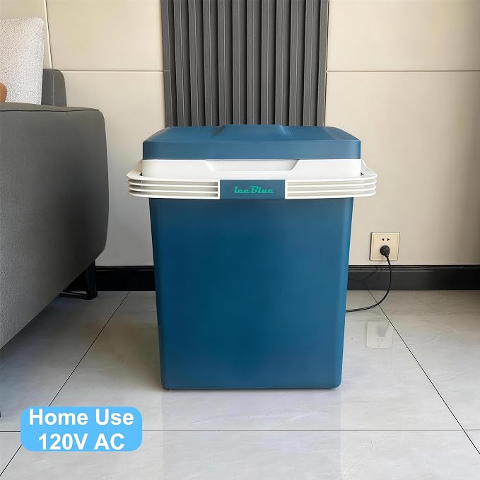 Iceblue Electric Cooler, 26 Liters/28 Cans Mini Fridge with Automatic Locking Handle, 120V AC Home Power Cord & 12V Car Adapter Car Refrigerator, Car Fridge for Home, Car, Gift - Blue