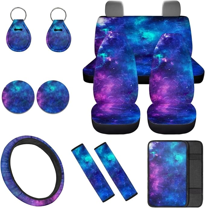 Blue Galaxy 12 Pack Car Seat Covers Full Set Steering Wheel Cover Seat Belt Cover Keychain Holder Armrest Cushion Protector Universal Fit Most Vehicles Cars SUV