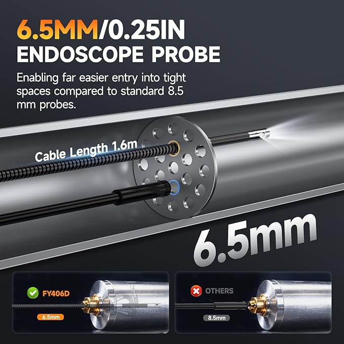 FOXWELL Dual Lens Articulating Borescope, 0.25in Slim 220° Two-Way Endoscope Camera with LED Light, IPS HD Screen, IP67 Waterproof Snake Camera for Automotive, Pipe, Wall & Engine Inspection – 5.3FT