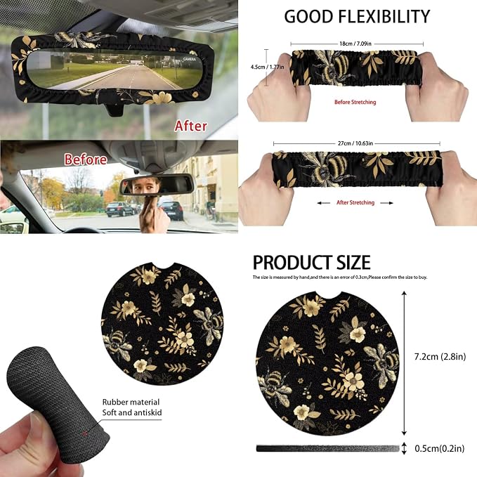 Floral Bee Auto Interior Accessories Car Seat Covers with Auto Steering Wheel Cover Seat Belt Covers Car Trash Can View Mirror Cover Coaster Keychains