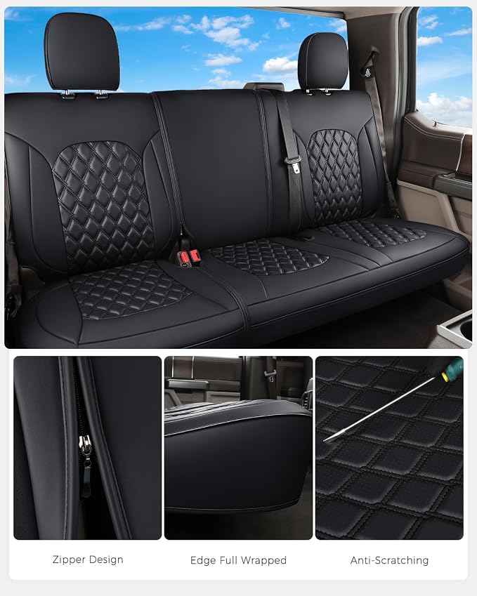 Huidasource F150 F250 F350 Rear Car Seat Covers, Leather Back Row Seat Cushion Cover Fit for 2015-2026 Ford F150 SuperCrew&2017-2026 F250 F350 F450 Super Duty Crew Cab XL XLT Lariat(Back Row/Black)