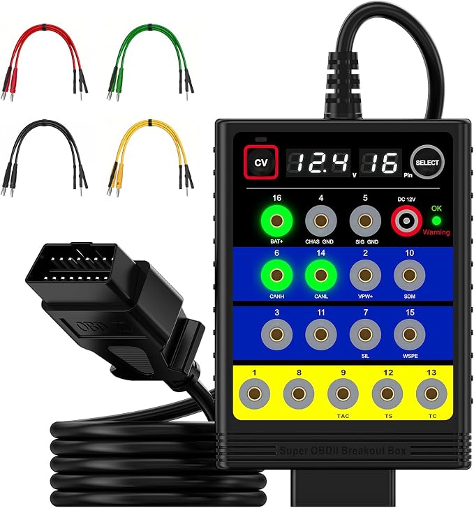 TRISCO Super OBD2 Breakout Box – 16-Pin Automotive Diagnostic Tool with Voltage Display, ECU Programming Support, CAN/K-LINE Protocol Detection